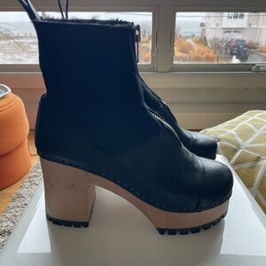 Black Leather and Suede platform Swedish Hasbeens boots.